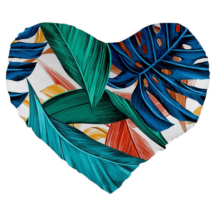 Leaves Tropical Summer Exotic Large 19  Premium Flano Heart Shape Cushions