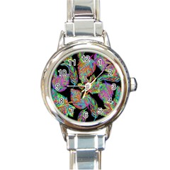 Autumn Pattern Dried Leaves Round Italian Charm Watch by Simbadda