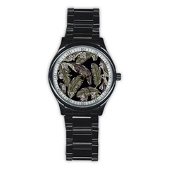 Jungle Leaves Tropical Pattern Stainless Steel Round Watch by Simbadda