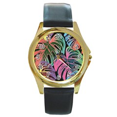 Leaves Tropical Jungle Pattern Round Gold Metal Watch