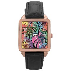 Leaves Tropical Jungle Pattern Rose Gold Leather Watch 