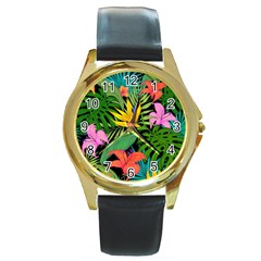 Tropical Leaves                   Round Gold Metal Watch by LalyLauraFLM