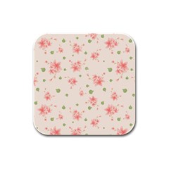 Pink Flowers Pattern Spring Nature Rubber Square Coaster (4 Pack)  by TeesDeck