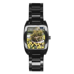 Columbus Commons Yellow Tulips Stainless Steel Barrel Watch by Riverwoman