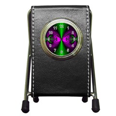 Abstract Artwork Fractal Background Green Purple Pen Holder Desk Clock by Sudhe