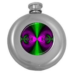 Abstract Artwork Fractal Background Green Purple Round Hip Flask (5 Oz) by Sudhe