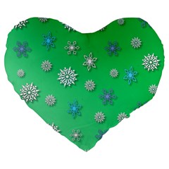 Snowflakes Winter Christmas Green Large 19  Premium Flano Heart Shape Cushions by HermanTelo