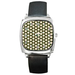 Pattern Flowers White Green Square Metal Watch by HermanTelo