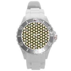 Pattern Flowers White Green Round Plastic Sport Watch (l)