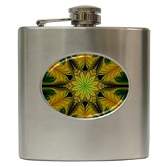 Abstract Flower Artwork Art Green Yellow Hip Flask (6 Oz) by Sudhe