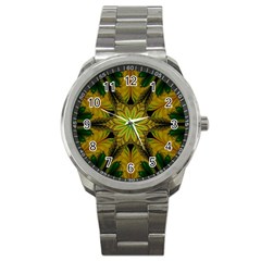 Abstract Flower Artwork Art Green Yellow Sport Metal Watch by Sudhe