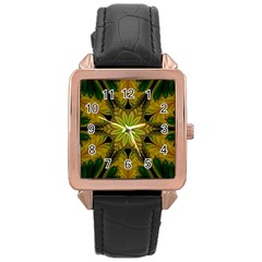 Abstract Flower Artwork Art Green Yellow Rose Gold Leather Watch  by Sudhe