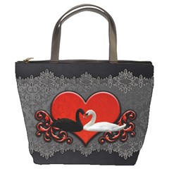 In Love, Wonderful Black And White Swan On A Heart Bucket Bag by FantasyWorld7