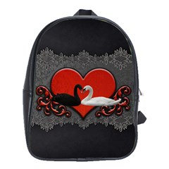 In Love, Wonderful Black And White Swan On A Heart School Bag (large) by FantasyWorld7