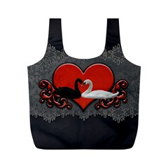 In Love, Wonderful Black And White Swan On A Heart Full Print Recycle Bag (m) by FantasyWorld7