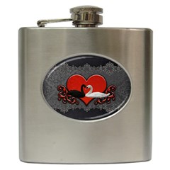 In Love, Wonderful Black And White Swan On A Heart Hip Flask (6 Oz) by FantasyWorld7