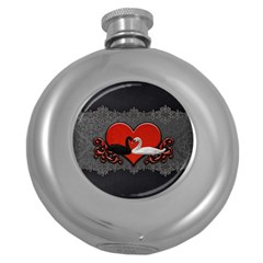 In Love, Wonderful Black And White Swan On A Heart Round Hip Flask (5 Oz) by FantasyWorld7