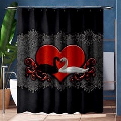 In Love, Wonderful Black And White Swan On A Heart Shower Curtain 60  X 72  (medium)  by FantasyWorld7