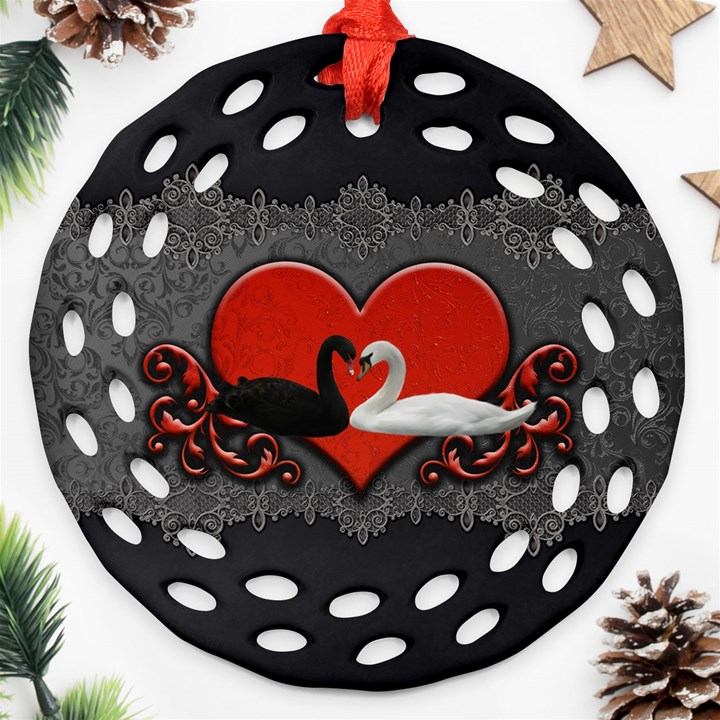 In Love, Wonderful Black And White Swan On A Heart Round Filigree Ornament (Two Sides)