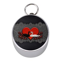 In Love, Wonderful Black And White Swan On A Heart Mini Silver Compasses by FantasyWorld7