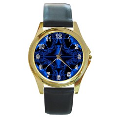 Art Fractal Artwork Creative Blue Black Round Gold Metal Watch by Pakrebo