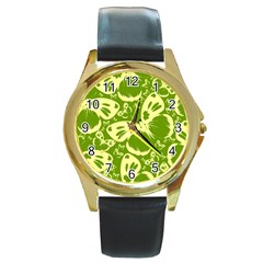 Butterflies Pattern Background Green Decoration Repeating Style Sketch Round Gold Metal Watch