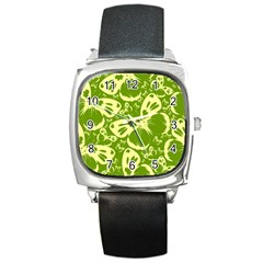 Butterflies Pattern Background Green Decoration Repeating Style Sketch Square Metal Watch