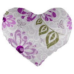 Beautiful Purple Flower Butterflies Pattern Large 19  Premium Heart Shape Cushions