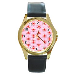 Texture Star Backgrounds Pink Round Gold Metal Watch by HermanTelo