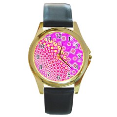 Digital Arts Fractals Futuristic Pink Round Gold Metal Watch by Pakrebo