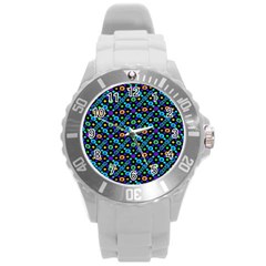 Have Fun Multicolored Text Pattern Round Plastic Sport Watch (L)