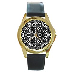 Black White Pattern Round Gold Metal Watch by Bajindul