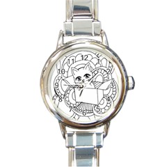 Cute Cat Coloring Page Design Round Italian Charm Watch by Wegoenart