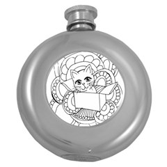 Cute Cat Coloring Page Design Round Hip Flask (5 Oz) by Wegoenart