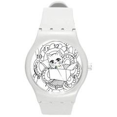 Cute Cat Coloring Page Design Round Plastic Sport Watch (m) by Wegoenart