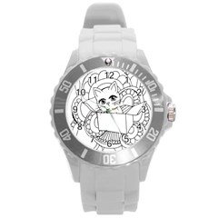 Cute Cat Coloring Page Design Round Plastic Sport Watch (l) by Wegoenart