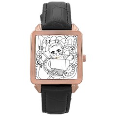 Cute Cat Coloring Page Design Rose Gold Leather Watch  by Wegoenart