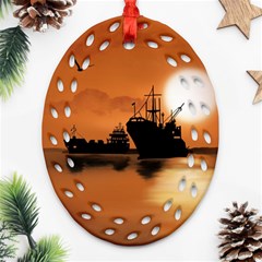 Digital Art Artwork Ship Boats Sea Ornament (oval Filigree) by Wegoenart