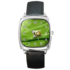 Snail Drops Rain Drawing Green Square Metal Watch by Wegoenart