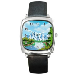 Digital Design Landscape Mountains Square Metal Watch by Wegoenart