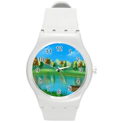 Digital Art Artwork Landscape Boat Round Plastic Sport Watch (M)