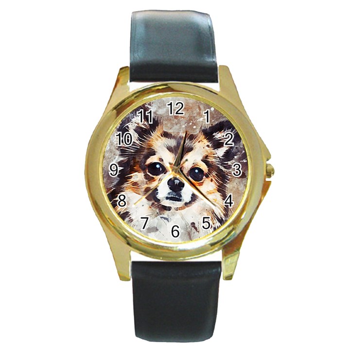 Chihuahua Dog Cute Pets Small Round Gold Metal Watch