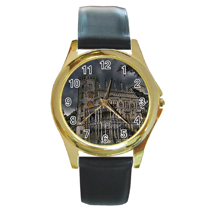 Castle Mansion Architecture House Round Gold Metal Watch