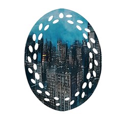 Cityscape Buildings Skyscraper Oval Filigree Ornament (two Sides) by Wegoenart