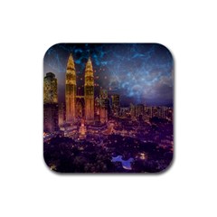 City Lights Skyline Buildings Rubber Square Coaster (4 Pack)  by Wegoenart