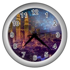 City Lights Skyline Buildings Wall Clock (silver) by Wegoenart