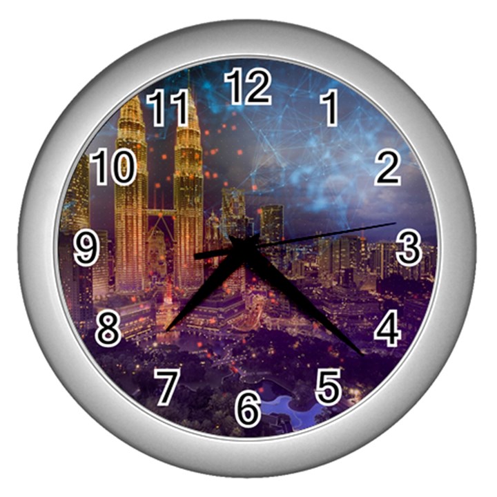 City Lights Skyline Buildings Wall Clock (Silver)