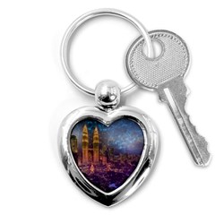 City Lights Skyline Buildings Key Chain (heart) by Wegoenart