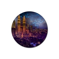 City Lights Skyline Buildings Rubber Round Coaster (4 Pack)  by Wegoenart