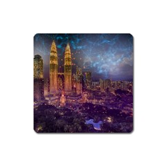 City Lights Skyline Buildings Square Magnet by Wegoenart